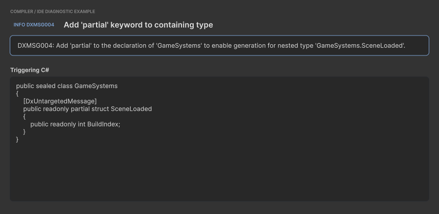 DXMSG004 compiler information diagnostic and the nested message declaration that triggers it
