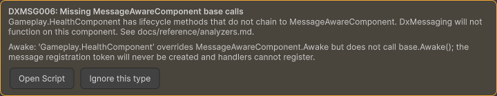 Inspector overlay showing a DXMSG006 missing Awake base-call warning
