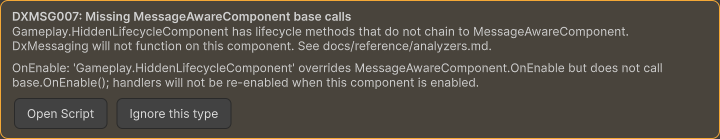 Inspector overlay showing a DXMSG007 explicit lifecycle hide warning