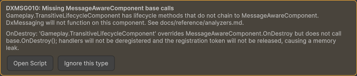 Inspector overlay showing a DXMSG010 broken transitive base-call chain warning