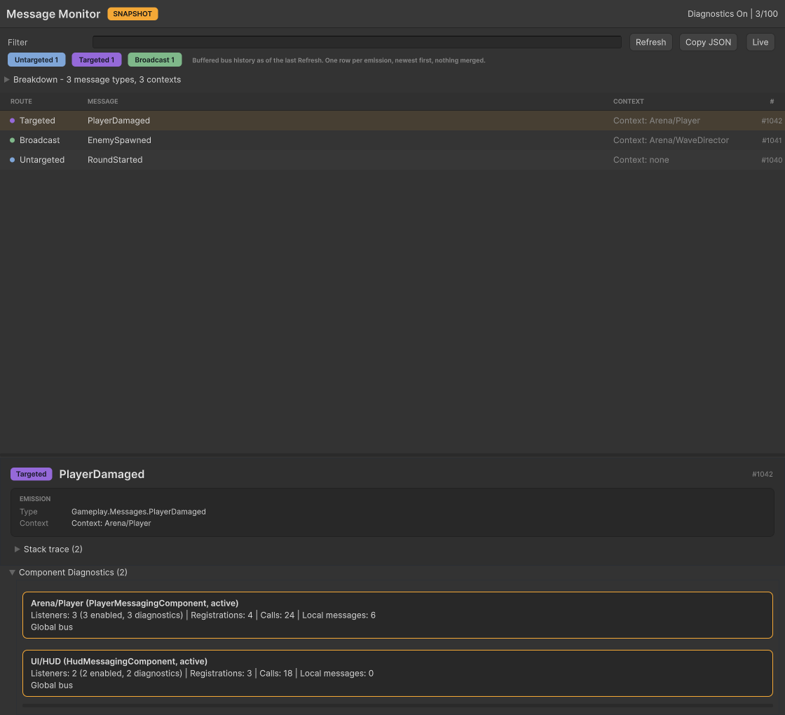 Message Monitor with Component Diagnostics expanded for two loaded components