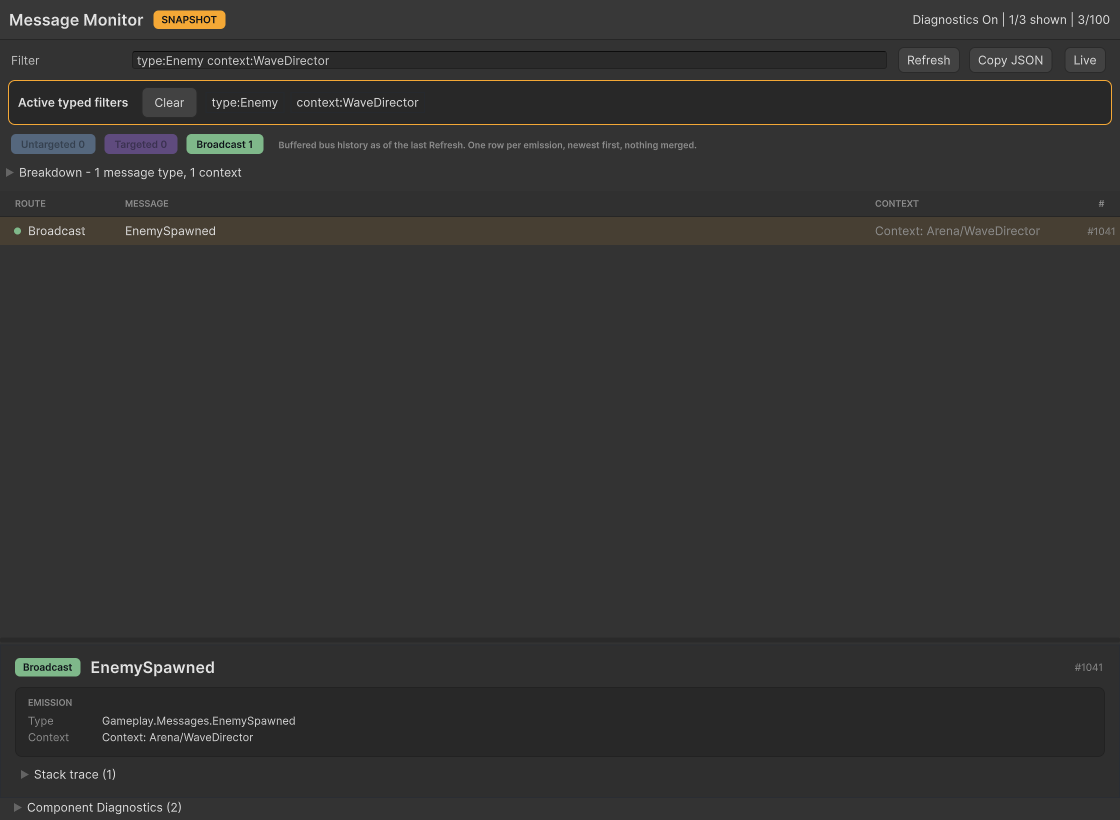 Message Monitor filtered to Broadcast EnemySpawned traffic with two active typed facets