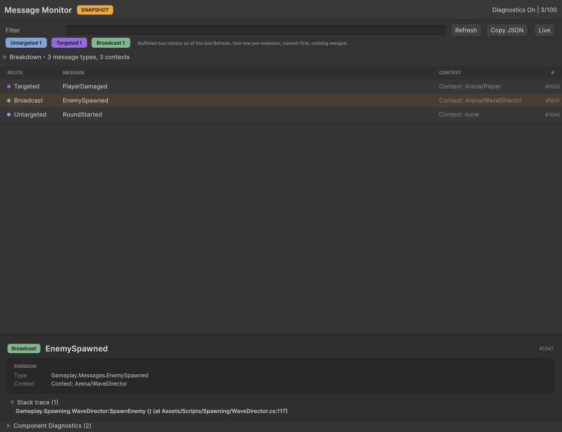 Message Monitor with a Broadcast message selected and its captured stack expanded