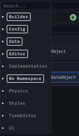 Manage-visible-types popover listing the project's namespaces and their types