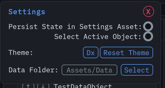 Settings popover with persistence toggles and data folder field