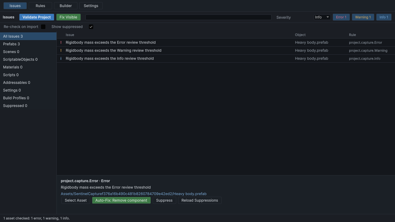 Sentinel Issues view in Unity's dark editor skin