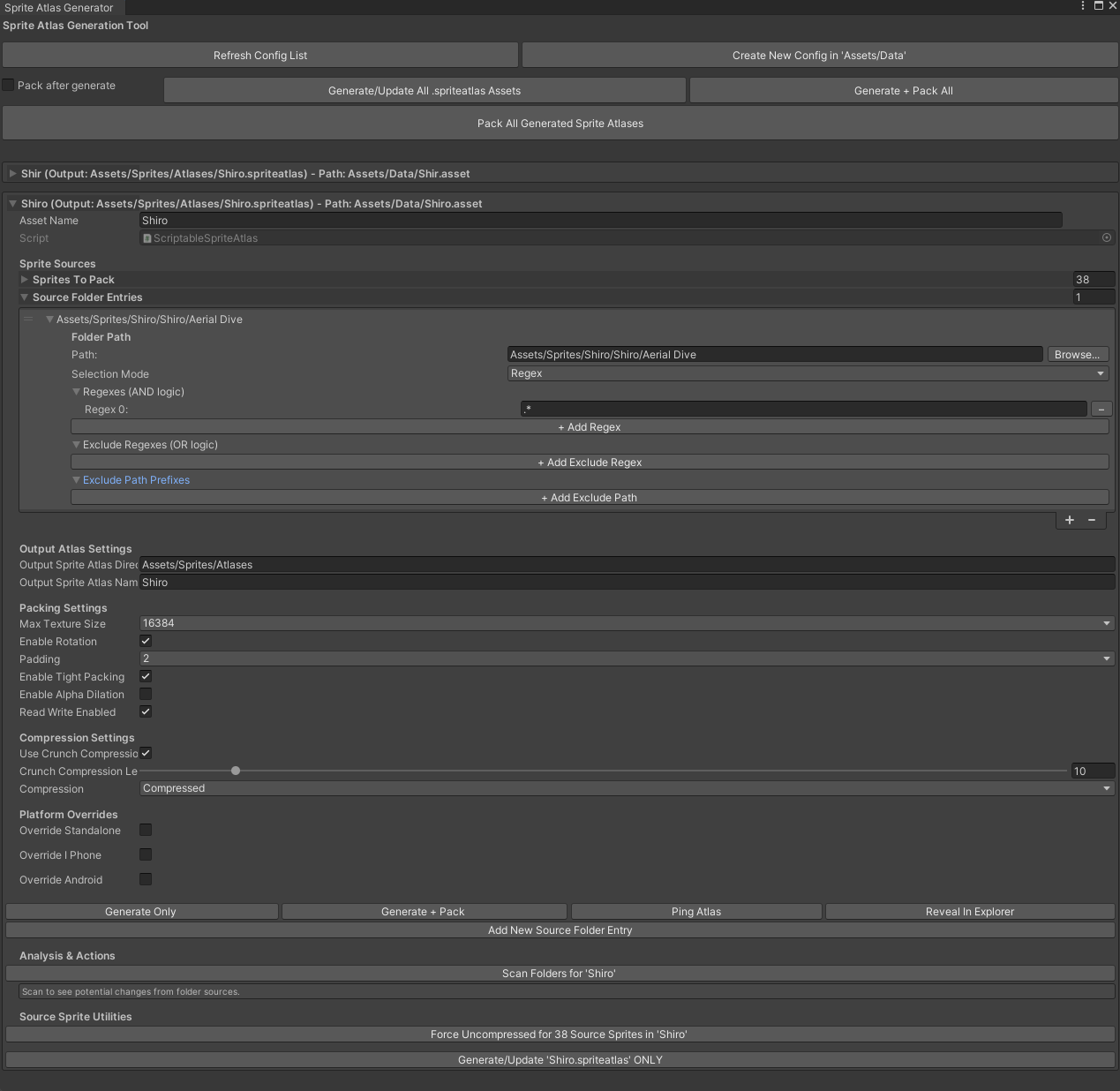Sprite Atlas Generator window showing regex configuration