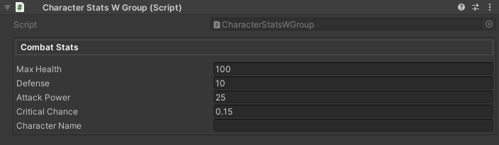 WGroup showing boxed combat stats with header