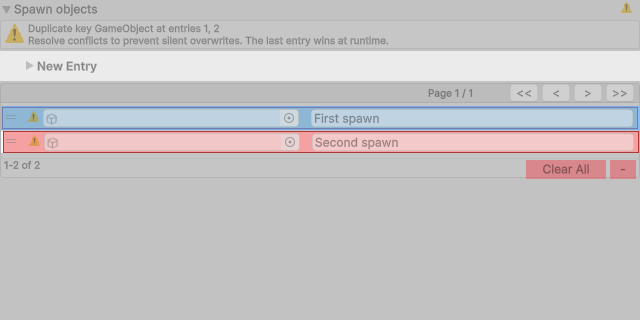 Duplicate warning identifying the GameObject key